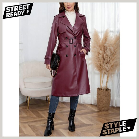 Faux Leather Trench Coat Double Breasted Belted High Waist Long Jacket - Picture 7 of 7